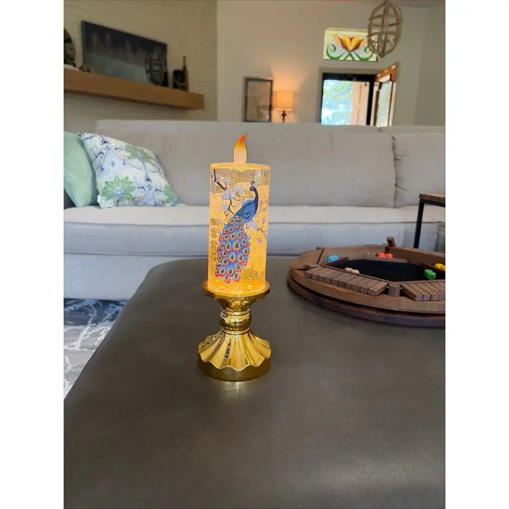 Cracker Barrel Peacock Candle Shaped Glitter Globe Light Up Pedestal Lamp 12